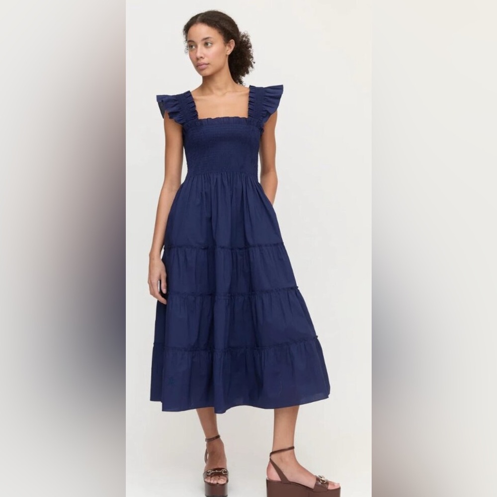 Hill House Navy Midi Dress with Ruffled Straps